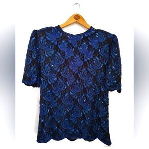 LAURENCE KAZAR NY Beautiful Blue Sequined Beaded  Event Holiday Top Large